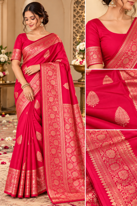 Luxuriously soft silk saree with a smooth, lightweight feel and beautifully flowy drape. Featuring rich woven zari floral motifs and an elegant detailed border .Blouse piece included. Slight variation in colour and design is possible.