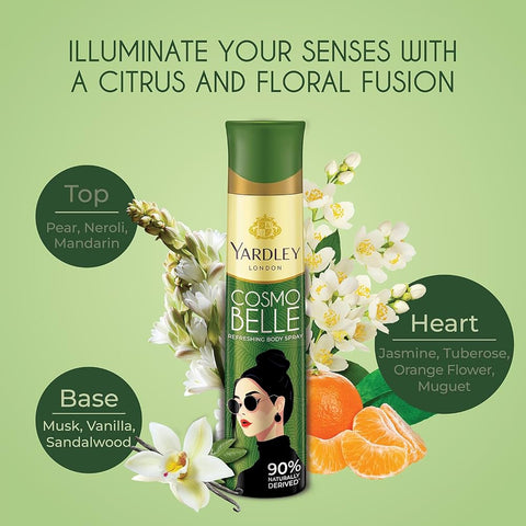 Yardley London Cosmo Belle Refreshing Body Spray for Women, 150ml | Deodrant body spray for Daily use | 90% Naturally derived