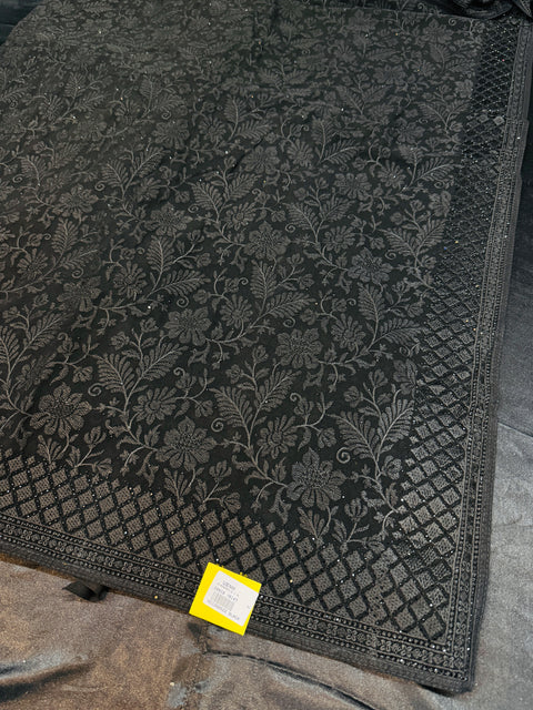 (Video clip attached) Beautiful soft georgette Saree with resham embroidery work with black stones design
