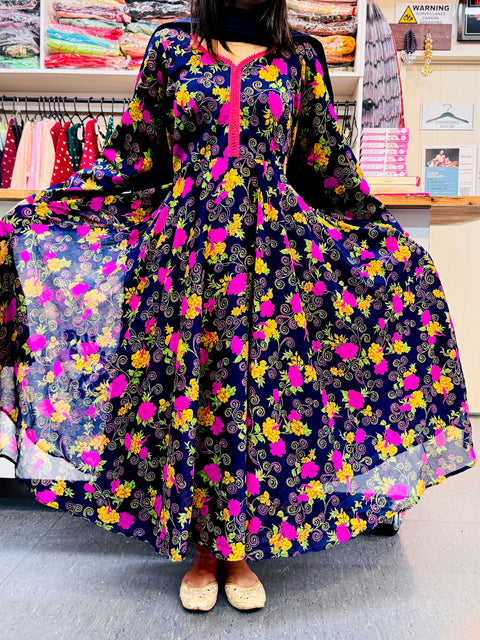 Black color Floral print pure chiffon Anarkali kurti with tights and chiffon dupatta