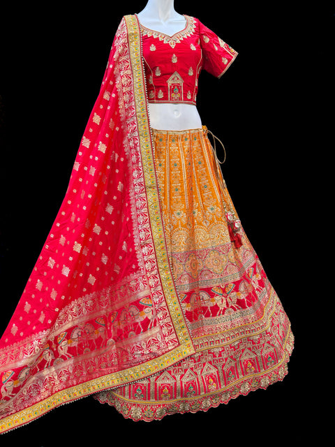 (Video clip attached)SIZE 42 (Upto 44))Mustard & Red Banarasi silk Based Beautiful hand Embroidery Work With Golden Fine Stones work heavy Ken Ken Designer semi/Bridal Lehnga With Heavy Tessels Attached To Blouse & Lehnga