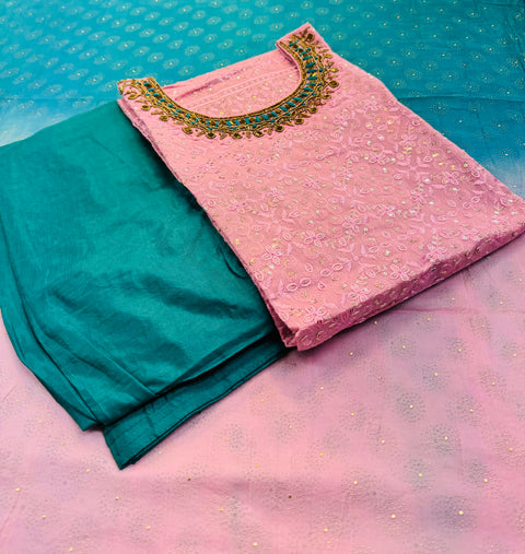Silk based mirror handwork with embroidery & sequined work designer kameez with salwar and georgette based dupatta