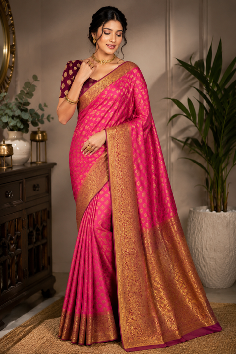 Premium Art Silk Saree featuring elegant zari weaving & stone work throughout; saree comes with an attached blouse piece. Model blouse is for reference only. Slight variation in colour and design may occur