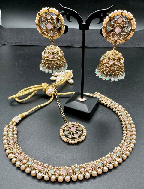 Kundan And Pearls Work Beautiful Necklace Set With Jhumka & Tikka