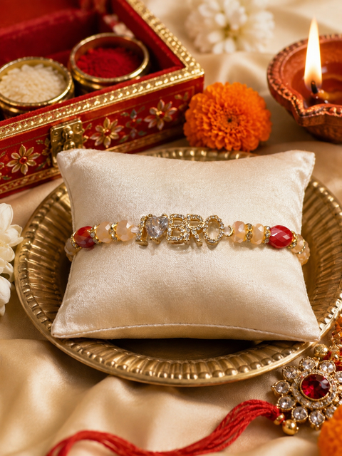 American Diamond Brother Rakhi 
A stylish stone-studded Rakhi with a beautiful American Diamond look, designed especially for your beloved brother. A perfect blend of elegance, sparkle, and love for a special Raksha Bandhan.