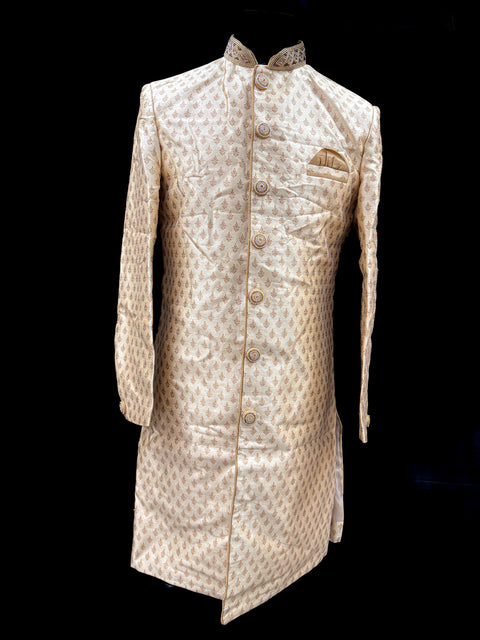 (Video clip attached)Golden Beige silk based heavy embroidery work with all over sequinned work Jacket style Mens classy Indo western with (half sleeves Kurta ) and Pants