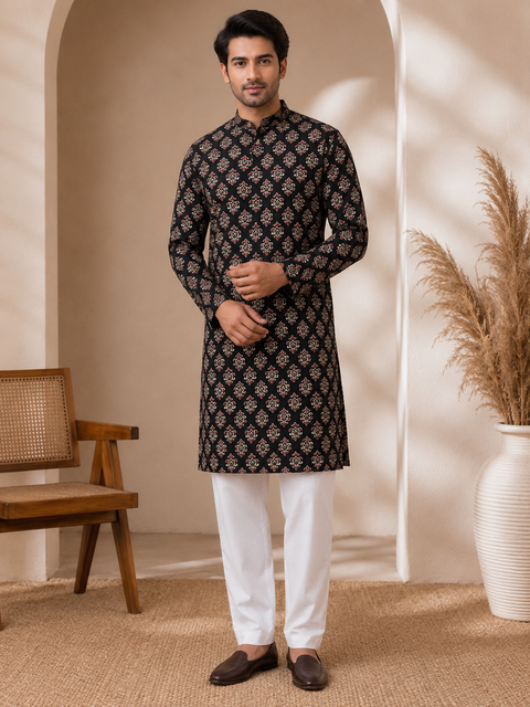Pure cotton based Men’s Printed kurti (sizes mentioned in inches ,not according to the label on Kurti)size 44 kurti- Length 40 inches and size 46-length 42 inches ) Kurti only. Pants not included.