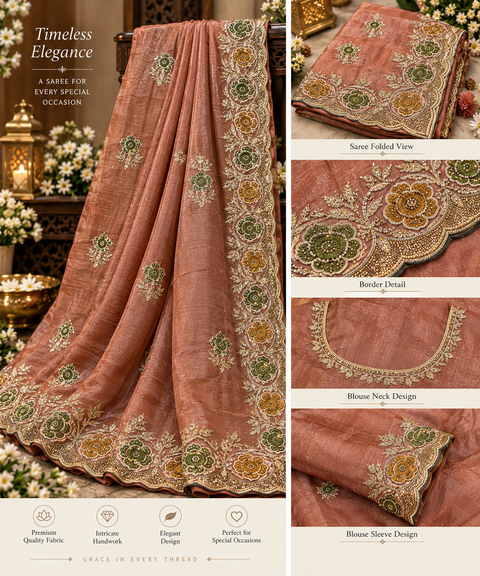 Dusty Rose Peach Soft Silk Saree with a subtle shimmer, all-over delicate motifs and rich floral handwork on a scalloped border. Attached blouse piece included; model blouse is for reference only. Slight variation in colour and design is possible.