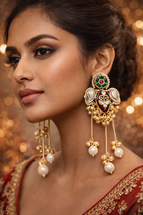 (Video clip attached )Lite Weight Trending Kashmiri Earrings /Elegant traditional jhumka earrings crafted with a high-quality alloy base, featuring intricate antique gold-look detailing, delicate pearl accents,Ghunghrooand a beautifully carved drop stone