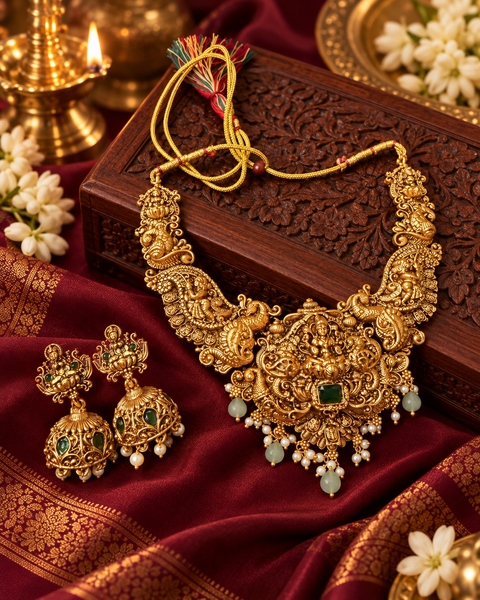 Elegant matte gold-finish Temple Jewellery Set featuring an intricate Goddess Lakshmi motif with beautifully detailed elephant designs and green stone accents. Comes with matching jhumka earrings(slight variation in color & design may occur)