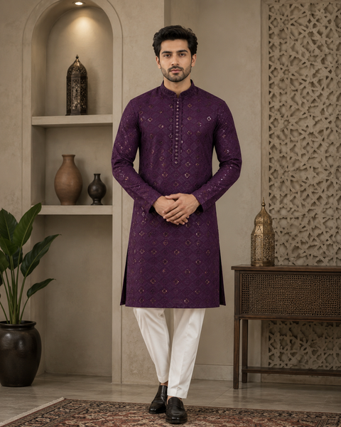 Pure Rayon Based Beautiful Embroidery Work At Front And Back With Sequins Work Designer Kurta & cream Pajama (slight variation in color & design is possible)