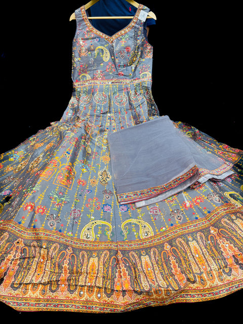 Silk based printed with Mirror work heavy flared gown and dupatta