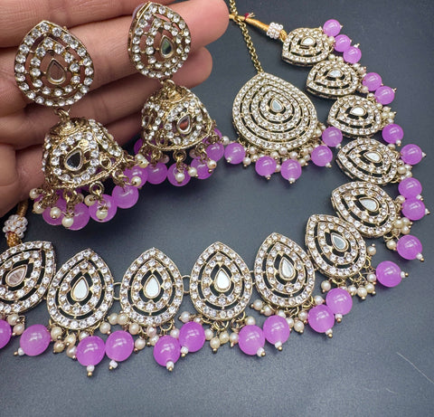 Jerkan stone with pearls beaded work beautiful necklace with jhumka and tikka set