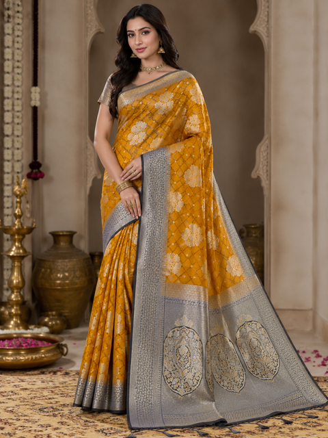 Premium two shaded Silk Saree with rich zari weaving and contrast woven pallu. featuring elegant dual-tone shades.Model-worn blouse is for reference only. Unstitched blouse piece is attached with saree(slight variation in color & design is possible)