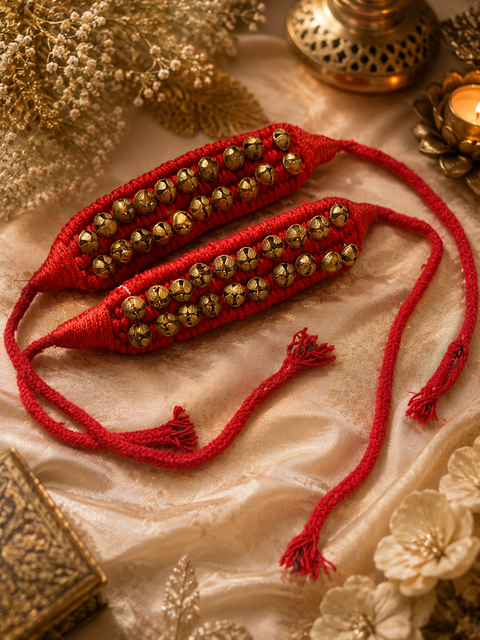 Ghungroo (20+20) Red Pad 2 Line Ghungroo Double String With Cushion Pads|Bell,Ghungru,Anklet Bell,Salangai,Chilanka|Paijania Kuchipudi,Bharatanatyam,Bharata Muni|Bharatnatyam Dance
