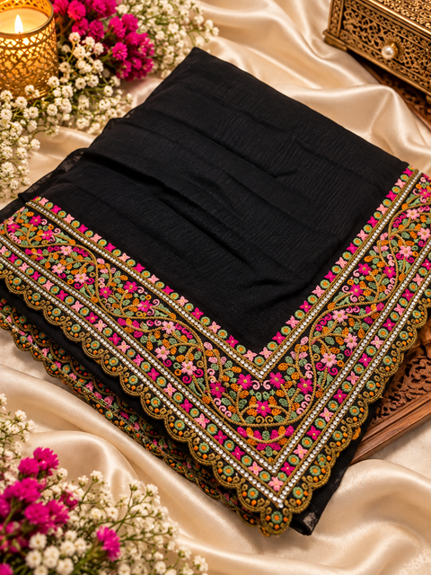 Soft Silk Blend Saree featuring a rich multicolour floral embroidered border with elegant scalloped detailing. Attached blouse piece included; model blouse is for reference only. Slight variation in colour and design is possible.