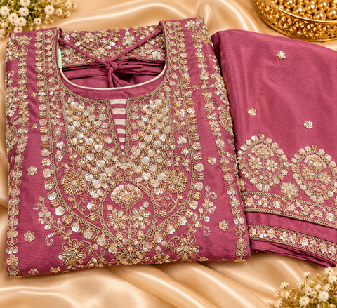 Mauve Pink soft Georgette Silk outfit featuring exquisite handwork embroidery all over the kameez, matching loose circular palazzo with handwork detailing, and a beautiful golden-bordered dupatta.Slight variation in colour and design is possible