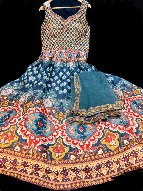 Silk based printed with Mirror work heavy flared gown and dupatta