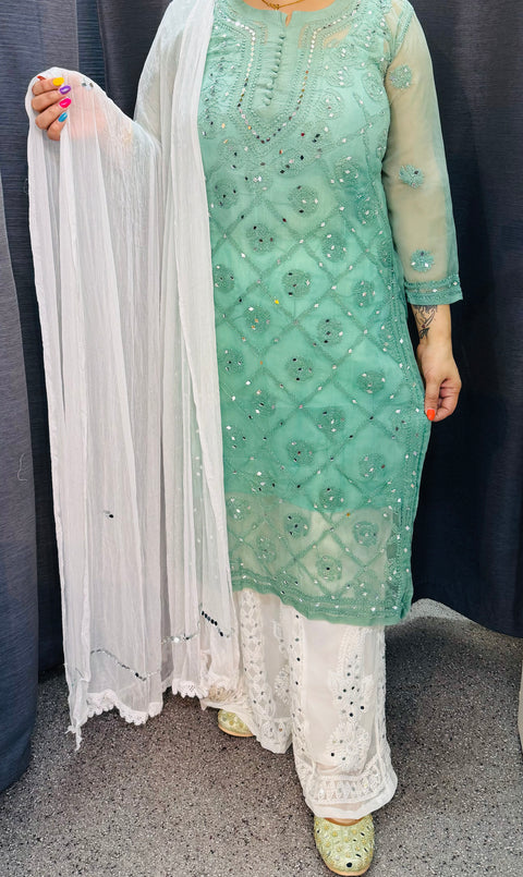 Two toned mint color Georgette based chikankari work with Mirror work Kurti with pure georgette based Chikankari & mirror work Plazo and pure chiffon based mirror work beautiful soft & full size dupatta