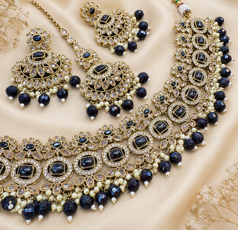 Original polki stone with pearls beaded necklace set with beautiful earrings & tikka