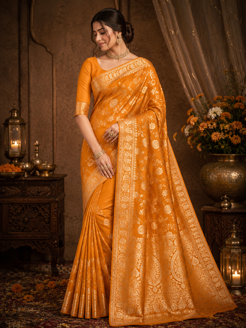 Soft & beautiful Banarsi Silk Saree(very soft to pleated set)Blouse Piece Is Included With The Saree As Unstitched Fabric(slight variation in color and design is possible