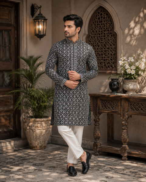 Pure Rayon Based Beautiful Embroidery Work At Front And Back With Sequins Work Designer Kurta & cream Pajama (slight variation in color and design is possible)