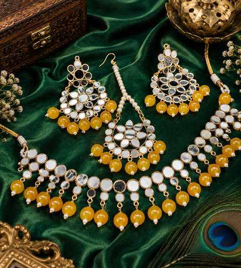 Pearls With mirror Work Necklace Set With Earrings & Tikka