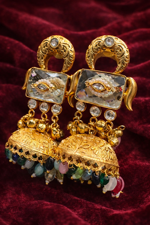 (Video clip attached) Trending Kashmiri Earrings /Statement gold-look jhumka earrings featuring delicate carvings and vibrant bead drops for a rich traditional style with multicolour pearls and Ghunghroo