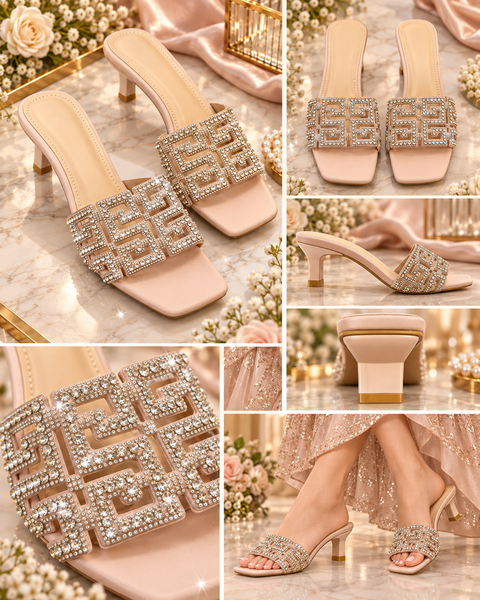 Elegant blush heels with beautiful crystal stone work on the front strap, giving them a classy and festive look. Soft, stylish and perfect for weddings, parties and special occasions.