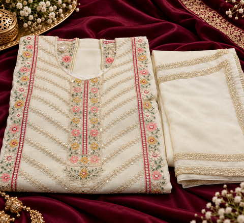 Beautiful georgette fabric outfit with full embroidery work all over the kameez. Paired with a loose circular palazzo and a matching dupatta with just a border. 
Slight variation in colour and design is possible