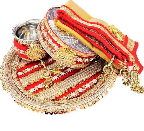Decorated Karwachauth Thali Set (Thali, Channi, Lota(Kalash) Chunri )(Video Clip Attached )
