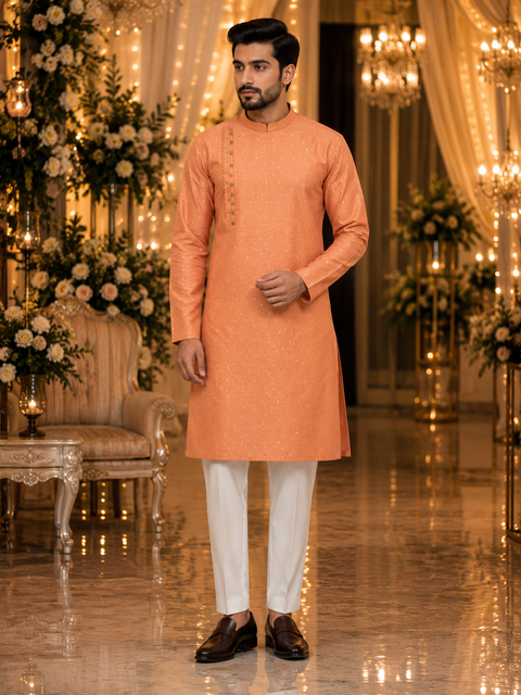 Dark Peach colour cotton silk design designer kurta with pajama pants (slight variation in color and design is possible )
