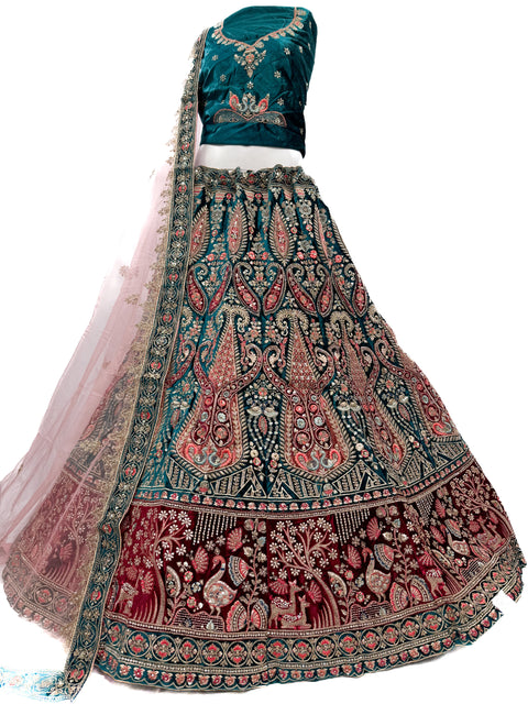 Peacock and Deer design Velvet based hand work with stones work embroidery work and original mirrors work design Heavy Ken ken Bridal designer lehnga with heavy handwork blouse and heavy work netting dupatta( video clip attached for reference )