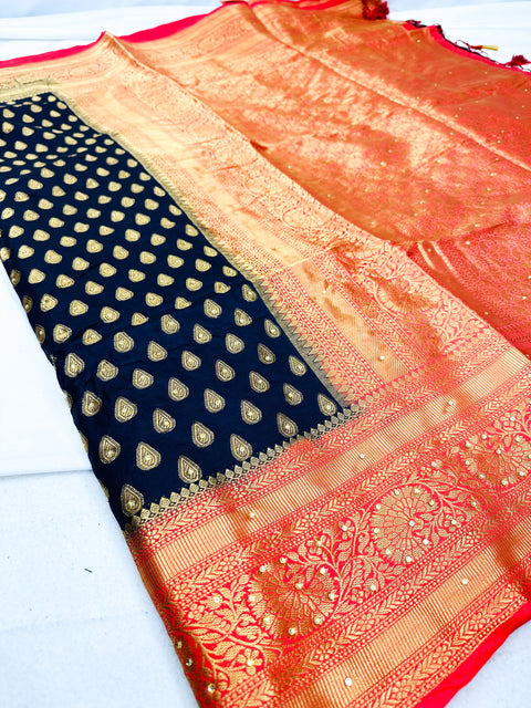 Art Silk Saree With Beautiful Stone Work With Contrast Pallu And Blouse