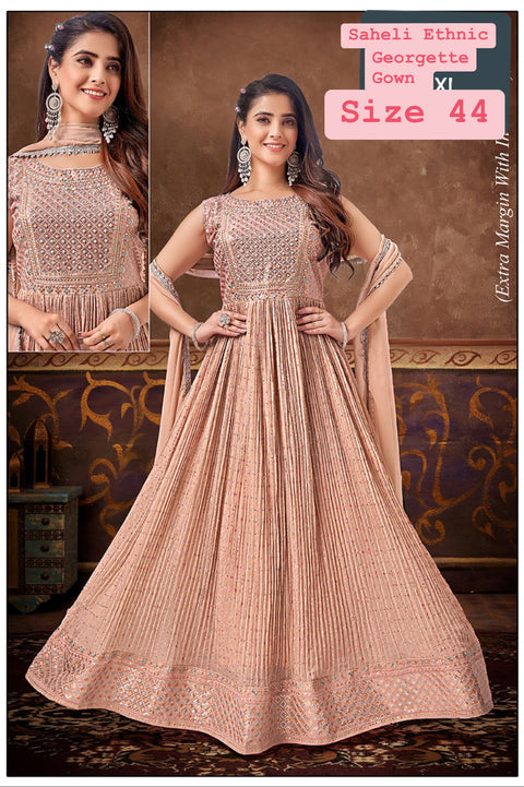 Georgette based embroidery with sequined work designer flared kameez /gown with tights and georgette  based embroidery work dupatta