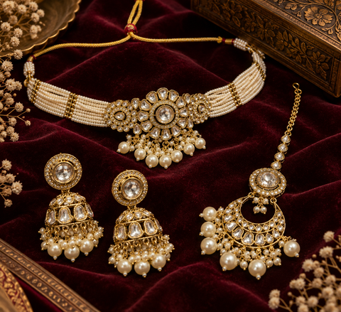 Elegant Kundan choker Necklace Set featuring beautiful Kundan stones, pearl detailing and bead drops. Comes with matching earrings and maang tikka. Slight variation in colour and design may be possible.