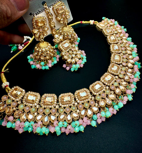 Polki stone with pearls beaded work beautiful necklace with jhumka and tikka set