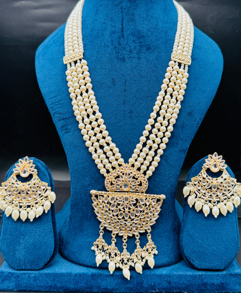 Pearls work with kundan stone beautiful Rani haar /long necklace set with beautiful Earrings