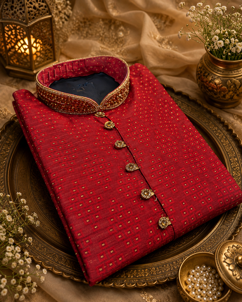 Soft Silk based Heavy brocade work with stone work buttons and neck design , designer Kurta with golden Pajama (slight variation in color and design is possible)