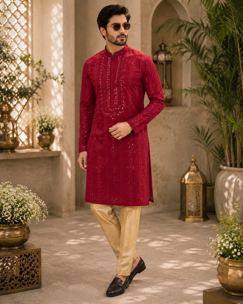 Soft malmal based beautiful embroidery work with sequins work designer Kurta with golden Pajama (slight variation in color and design is possible)