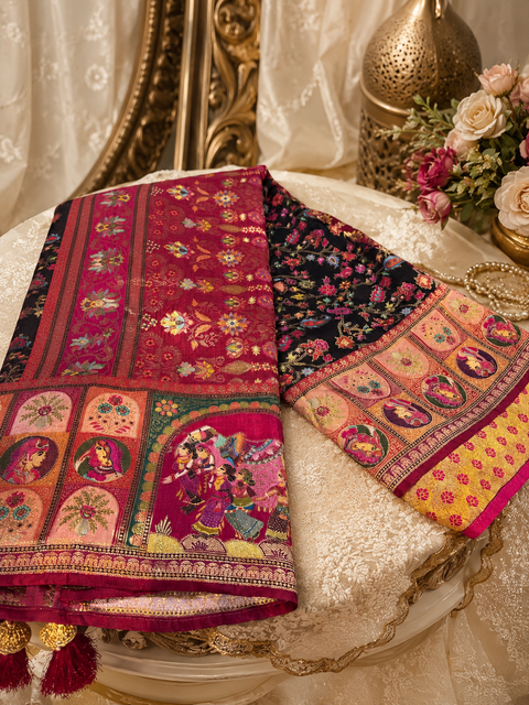 Kashmiri Kalamkari Inspired Soft Silk Saree with vibrant multicolour weaving and an elegant contrast pallu for a rich, timeless look.Blouse piece attached. Model image for reference only. Slight variation in colour and design may occur.