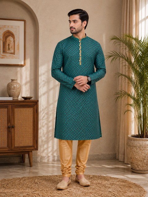 Green colour cotton silk design designer kurta with pajama pants (slight variation in color and design is possible )