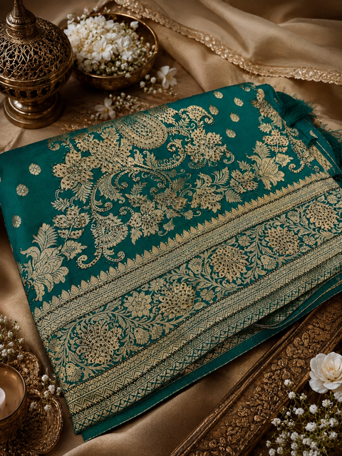 Banarasi Silk Saree Featuring Elegant Zari Weaving & stone work with tessels on Pallu Saree Comes With An Attached Blouse Piece. Model Blouse Is For Reference Only. Slight Variation In Colour And Design May Occur