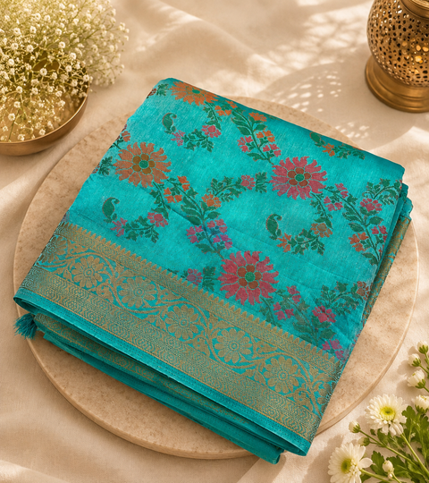Soft Silk Saree with beautiful floral weaving ( Please note that this saree has some faded spots, as shown in the pictures. Due to this minor defect, it is being offered at a 50% discounted price)