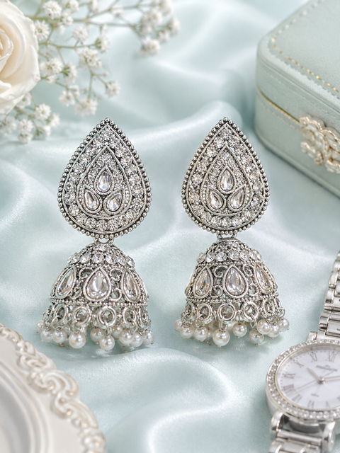 Silver stone with pearls oxidised Jhumka