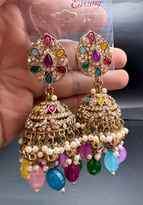 Beautiful polki stone  & Pearls work bigger jhumka (very lite weight)