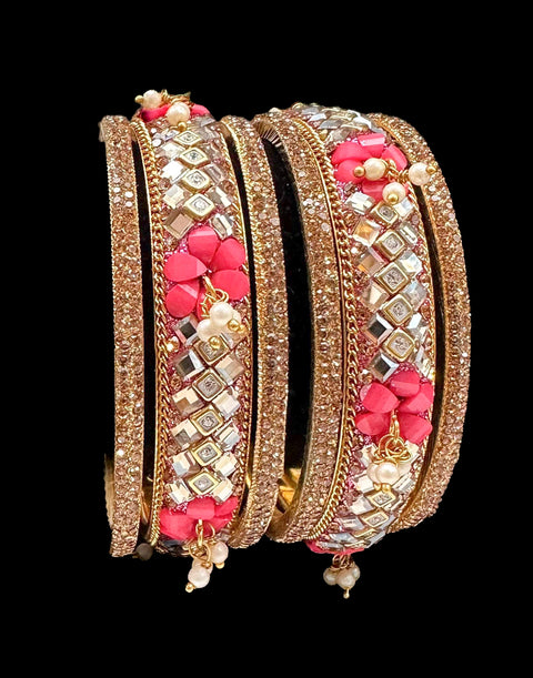 Beautiful fine stone with Crystal stone and pearls hanging designer Brass Bangles set (Sample picture attached at end to show it can be customised with plain Velvet or Metal Bangles)