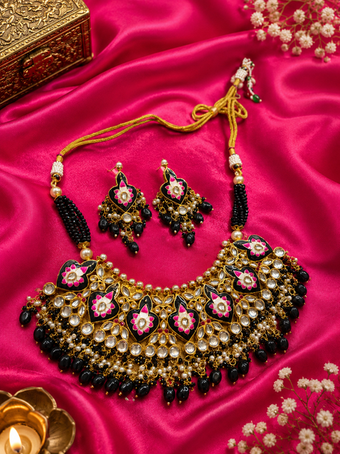 Black colour beautiful meenakari work with kundan stones & beads pearls necklace set (slight variation in color and design is possible)
