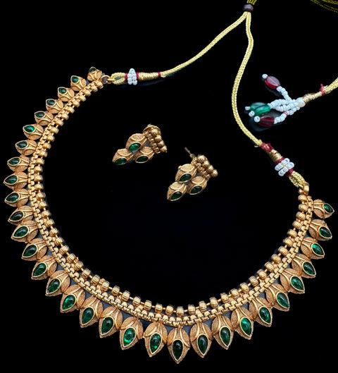 Mat look antique gold traditional necklace set with pearls and kundan work