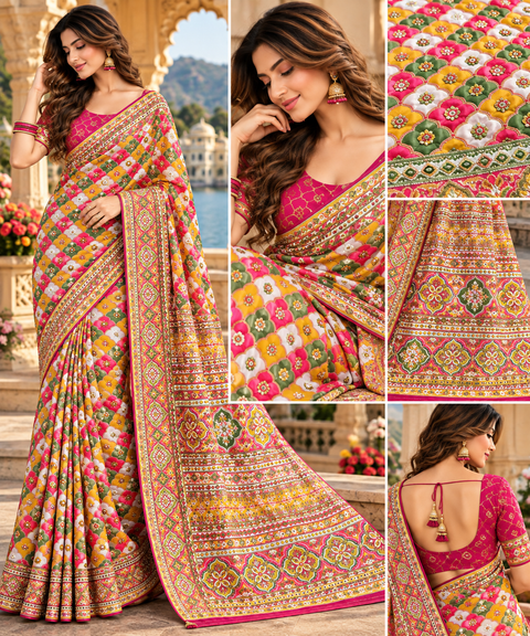 Beautiful silk saree featuring vibrant multicolour motifs, intricate embroidered borders and stone work all over the saree for a rich festive look. Elegant, colourful and perfect for weddings, parties and special occasions.